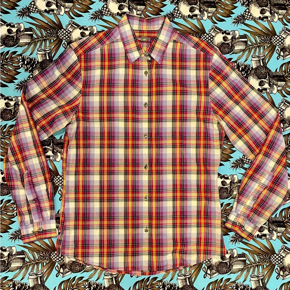 H&M Plaid Button Dress Shirt. Purple, Black, Yellow, Pink  Medium Slim Fit